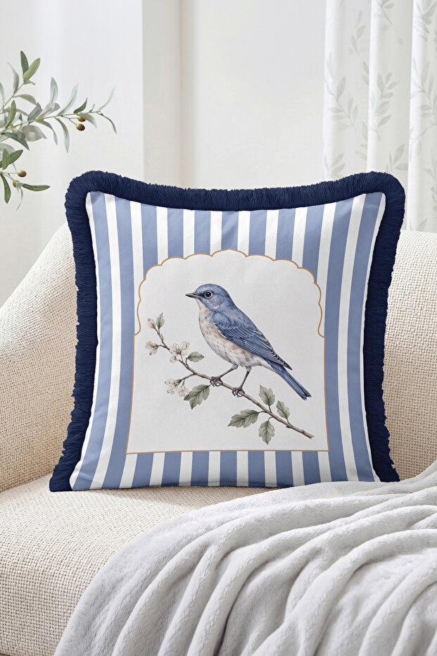 Vintage Bird and Flower Branch Pattern Blue Striped Fringed-Tasseled Throw Pillow Cover