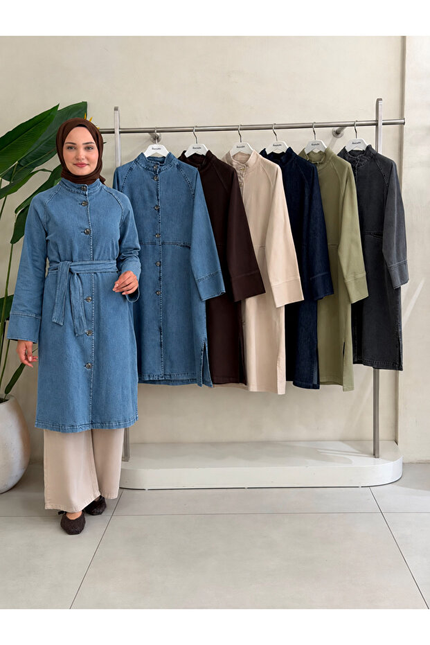 Belted Buttoned Trench Coat Open Denim 7591
