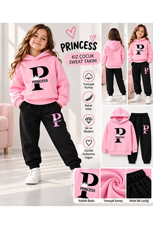 Girl's Hooded Sweat Set Pink Black