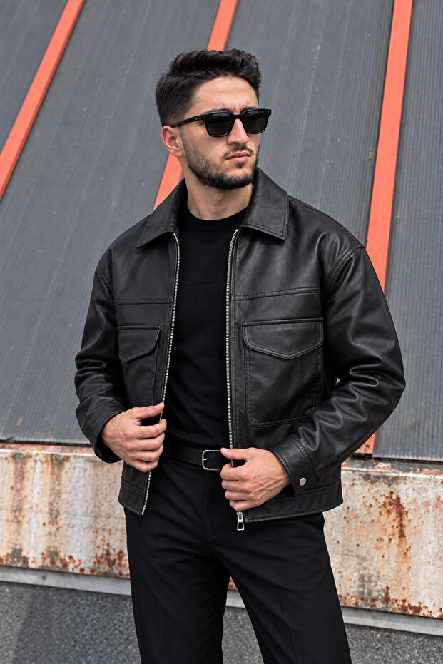 Oversized Fit, Zipper Closure, Double Pocket Flap, Short, Seasonal, Shirt Collar, Faux Leather Jacket 695