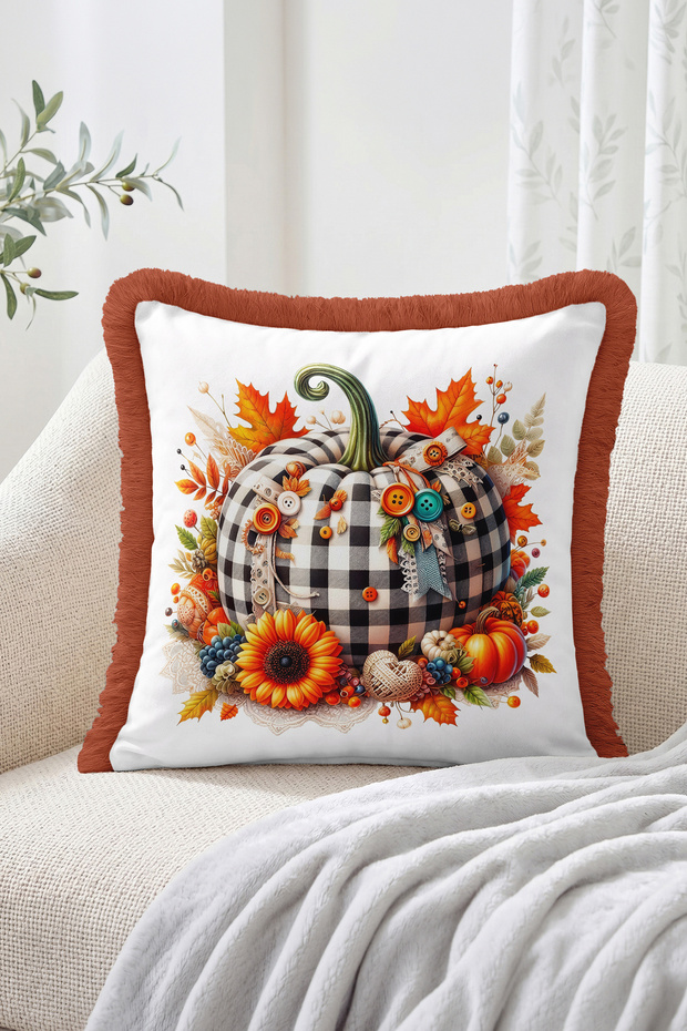 Fall Pumpkin and Checkered Floral Pattern Fringe-Tassel Throw Pillow Cover