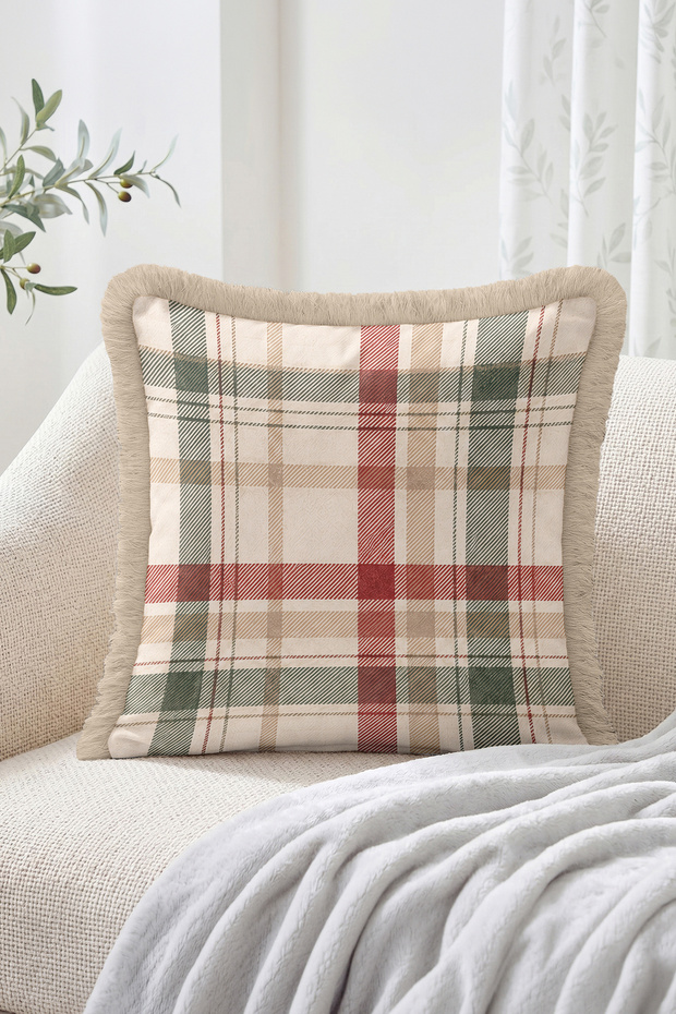 Classic Plaid Pattern Cream Green and Red Fringed-Tasseled Throw Pillow Cover