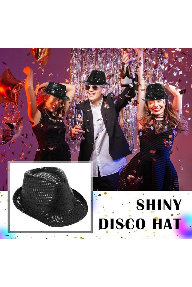 Disco Star Black Sequined Fedora Hat Adult Size
