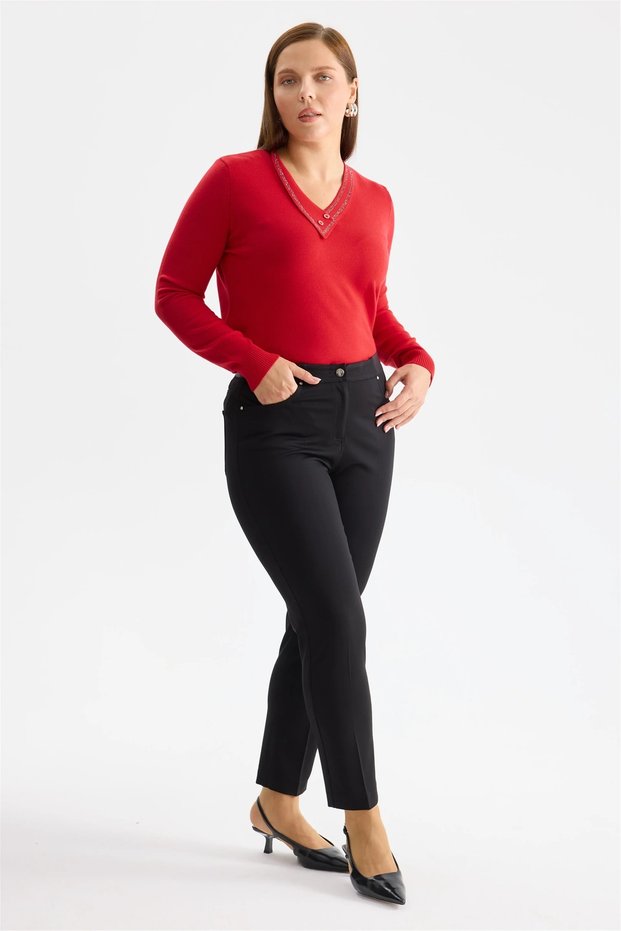 Women's Satin Detailed Slim Fit Trousers Black