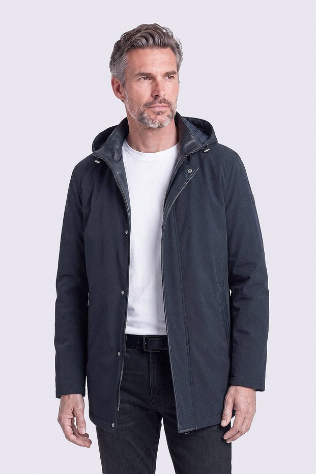 Navy Blue Hooded Zippered Men's Coat