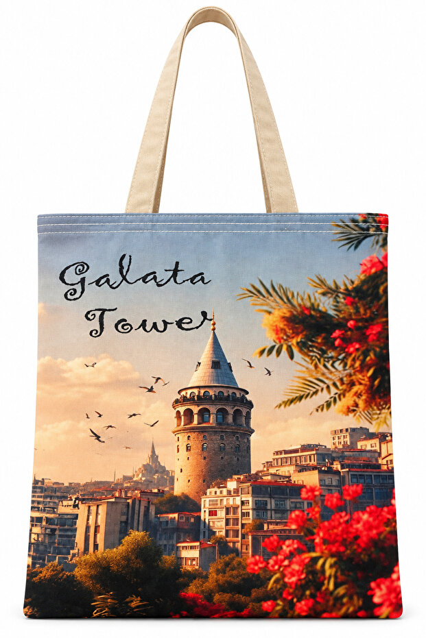 Galata Tower Pattern Printed Cotton Tote Bag 35X40Cm -Bc14