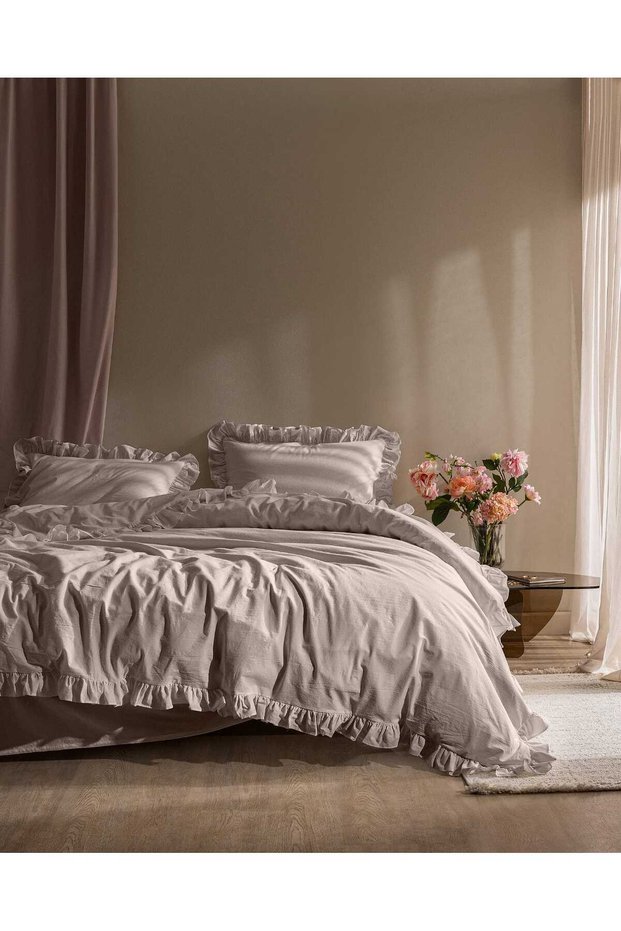 Adenya Sepeti Obernai Double 100% Cotton Ruffled Flat Washed Bed Sheet Set - Beige