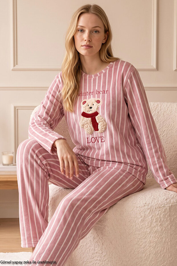 Pink Embroidered Top and Bottom Fleece Winter Knitted Pajama Set 26222118