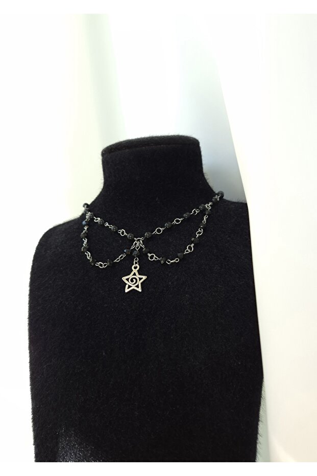 Star Spiral Charm Black Pearl and Crystal Design Necklace Gothic Bohemian Whimsical Y2K Vortex Star