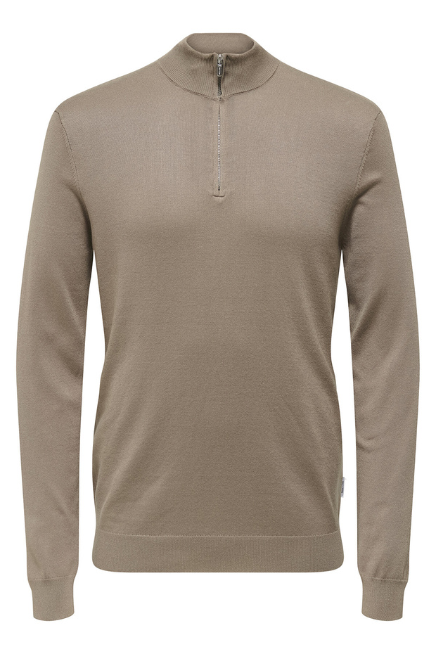 High Collar Regular Plain Light Brown Men's Sweater Onswyler Life Reg 14 Half Zip Knit