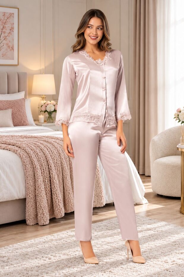 Korean Satin Guipure Detailed Long Sleeve Full Buttoned Pajama Set