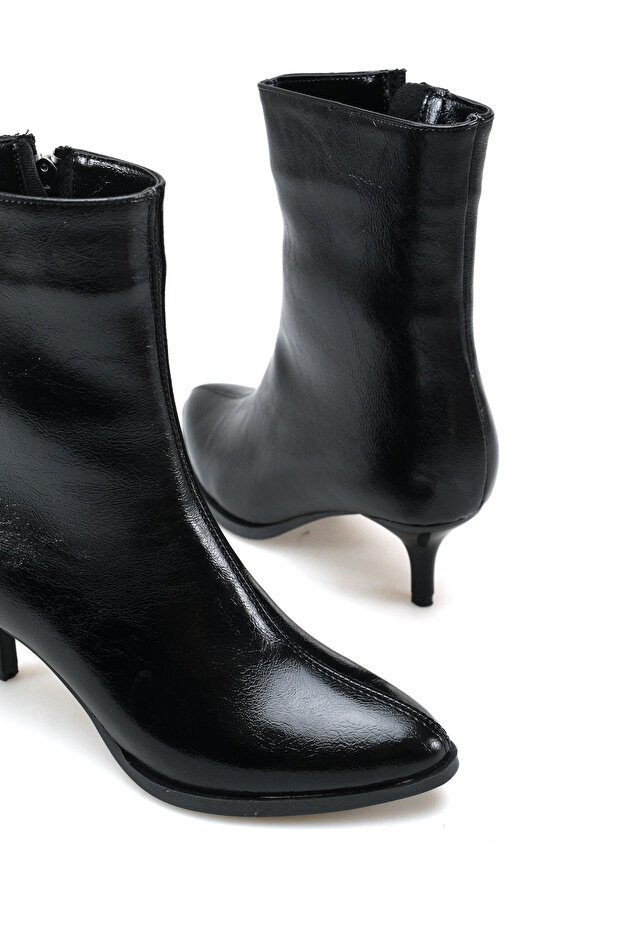 Black Patent Leather Women's Boots Short Kitten Thin Heeled Pointed Toe
