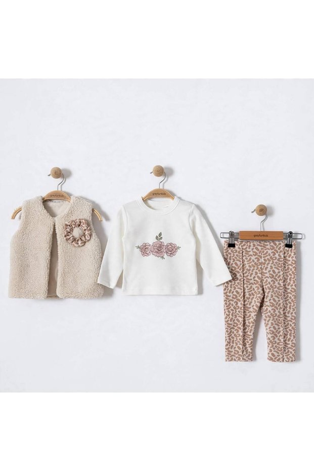 Girl's Plush Vest, Floral Patterned Blouse and Leggings 3-Piece Combination Set