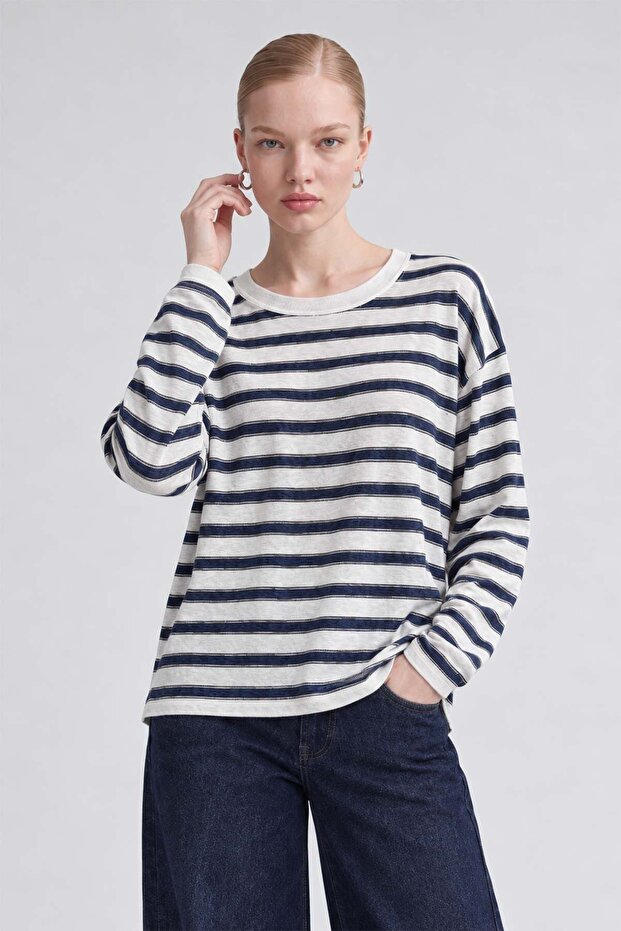 Crew Neck Oversize Sweatshirt Blue-White