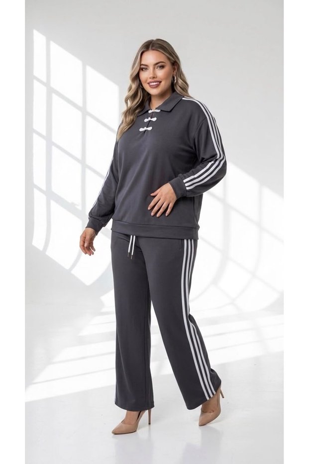 Women's Plus Size Long Sleeve Polo Collar Side Stripe Tracksuit Set 8306-27