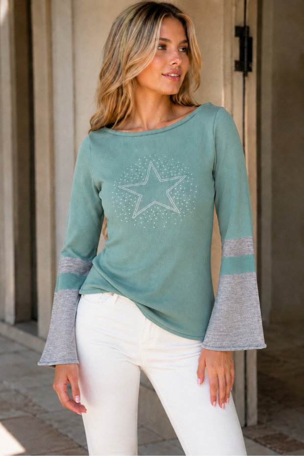Women's Boat Neck Long Sleeve Spanish Sleeve Stone Star Detail Relaxed Fit Modern Elegant Trend Soft Textured Casual Mint Gray Knitwear Sweater