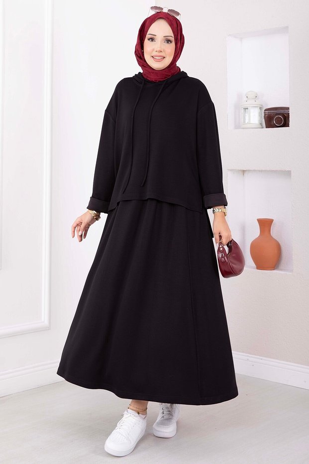 Hooded Tunic Skirt Set Black