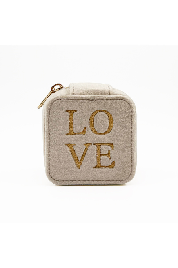 Mini Square Velvet Jewelry Bag & Travel Jewelry Organizer - Ecru Love Embroidery Detail - 6.5X6.5X4 cm