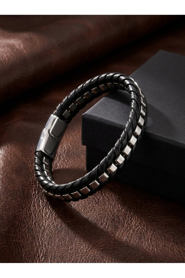 Men's Steel Chain Bracelet White Black Braided Leather Weave Albanian Model