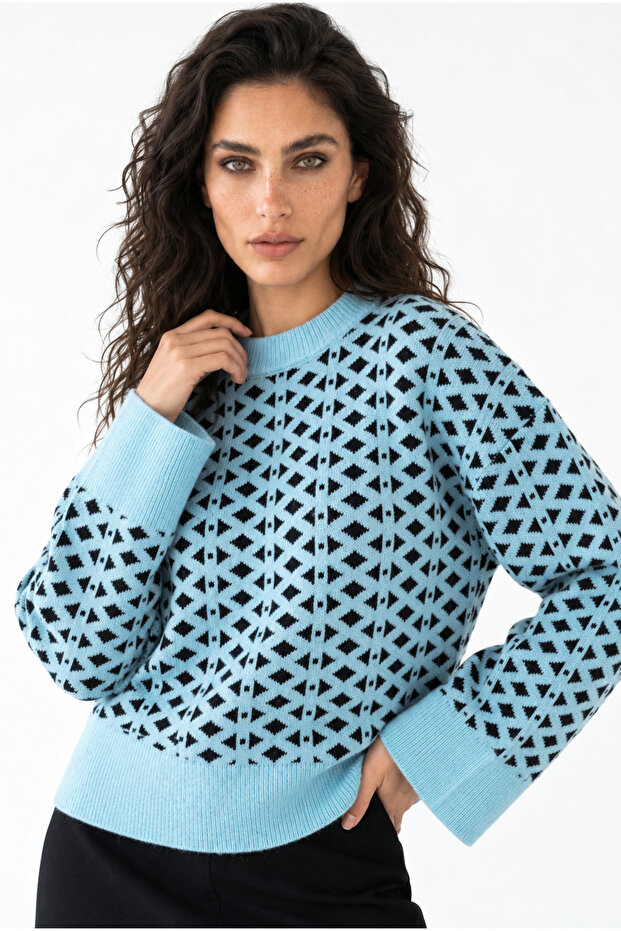 Women's Brown Orange Patterned Knitwear Sweater