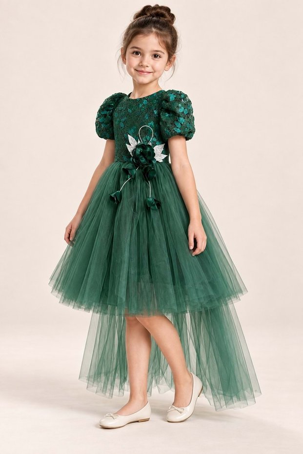 Girl's Palmira Embroidered Tailcoat Evening Dress M00861 Green
