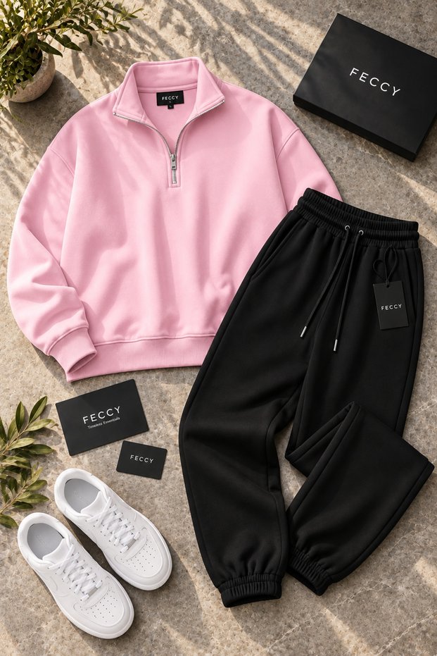 Premium Unisex Cotton Half Zipper Sweatshirt Jogger Set 3 Yarn Bottom-Top Set
