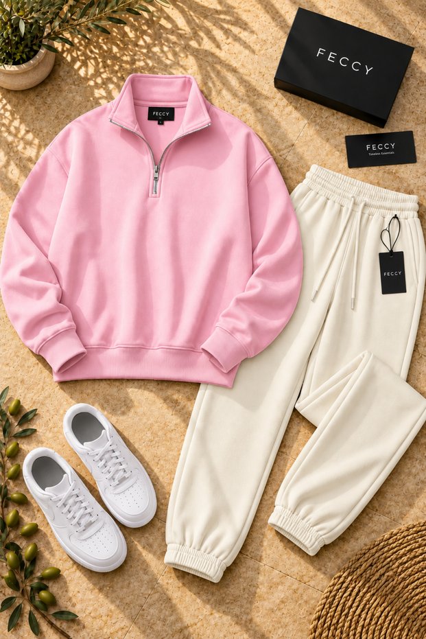 Premium Unisex Cotton Half Zipper Sweatshirt Jogger Set 3 Yarn Bottom-Top Set