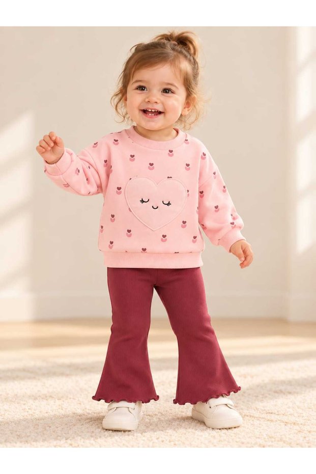 Baby Girl Heart Appliqued Sweatshirt and Ribbed Spanish Leggings 2-Piece Set