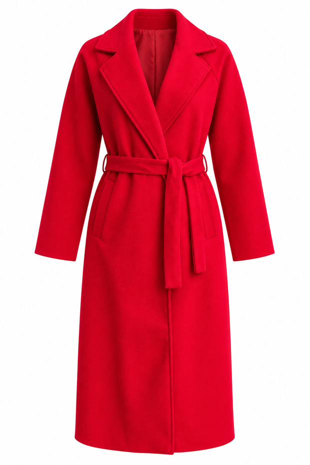 Women's Red Belted Long Cashmere Coat with Pockets, Stylish Winter Coat | Lined Buttonless Winter Coat
