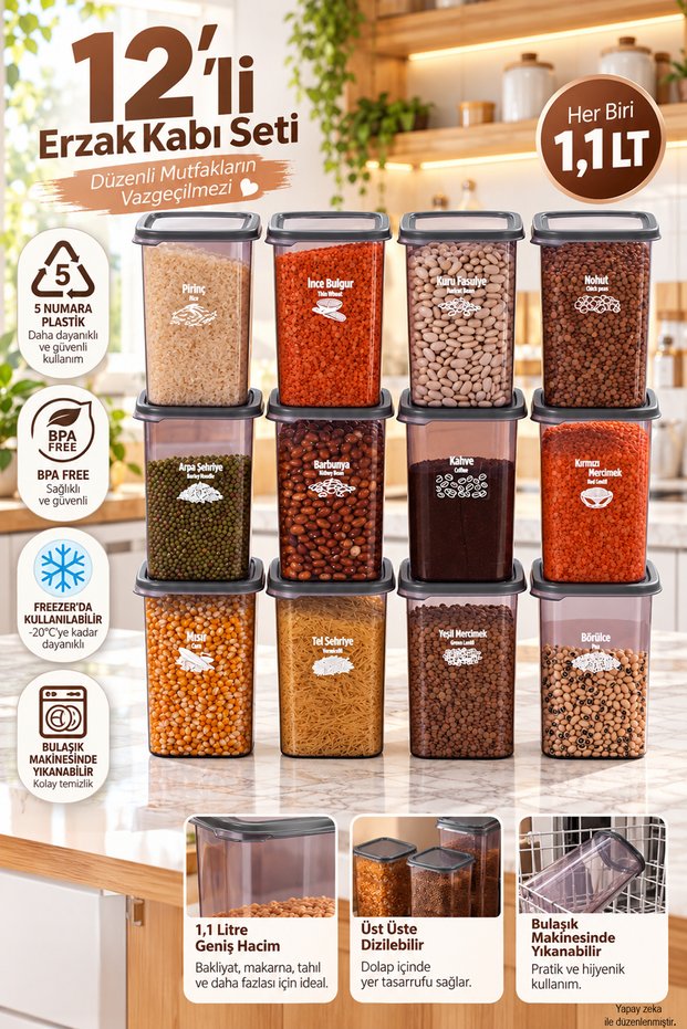 4512 Kiler Box Set of 12 Square Food Storage Containers 1.1 Liter – Transparent Smoked Vegetables, Spices, and Kitchen Organizer