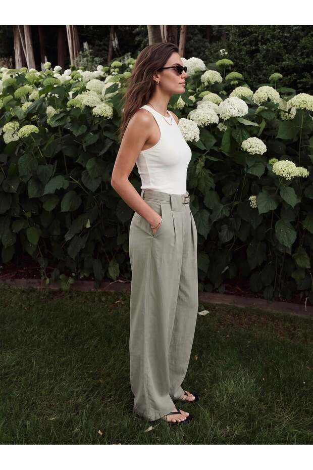 Green Modal Fabric High Waist Wide Leg Pleated Belt Detailed Side Pocket Palazzo Trousers