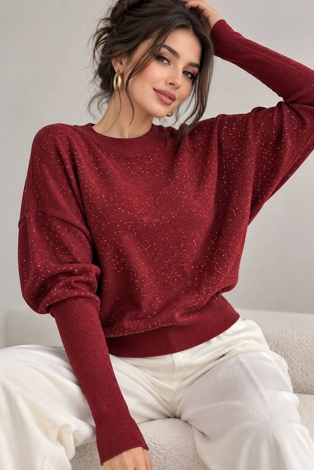 Sparkling Stone Detailed Long Ribbed Sleeve Knit Sweater
