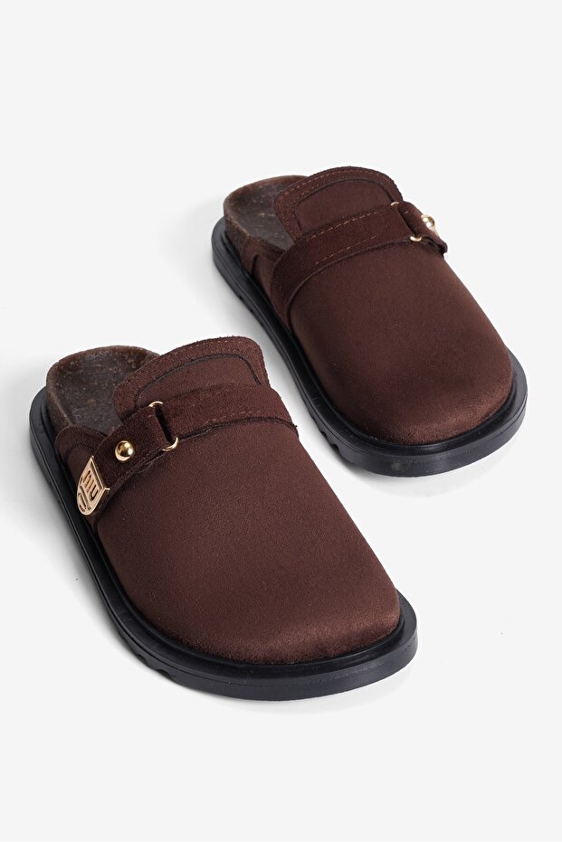 Women's Suede Slippers Closed Toe Lori Brown with Gold Accessories