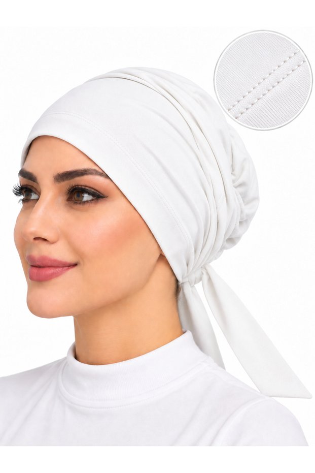 Ecru Front-Stitched Combed Cotton Bonnet |   Elastic Back-Tie Flexible Cap