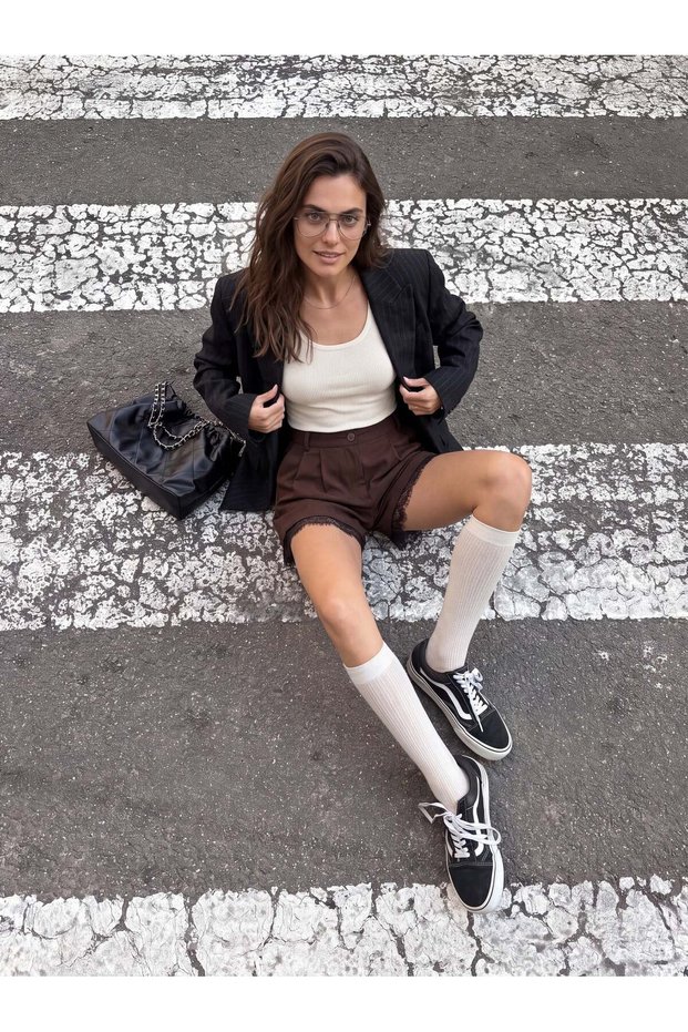 Bitter Brown Stretchy Fabric High Waist Body-Fitting Form Skirt Hem Lace Detailed Shorts