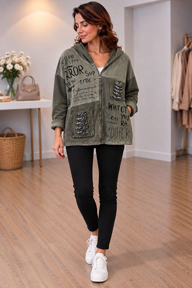 Hooded Jacket with Stone Effect Lettering and Sequin Detail - Khaki