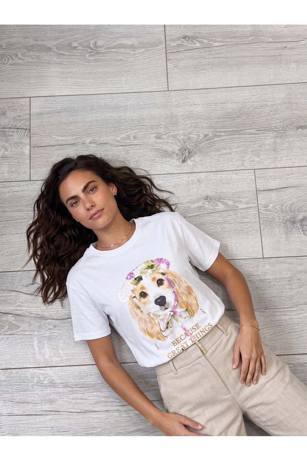 White Stretchy Fabric Crew Neck Short Sleeve Basic Form Dog Print T-Shirt with Sequin Detail