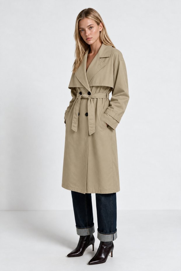 Belted Seasonal Long Trench Coat Lby0090 Cream