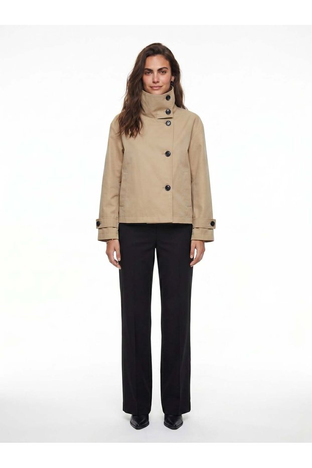 Beige Polyester Woven Stand Collar Modern Cut Lined Functional Pocket Detailed Short Trench Coat
