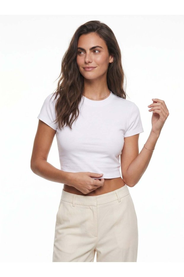 White Cotton Stretch Fabric Crew Neck Short Sleeve Slim Fit Minimal Crop T-Shirt