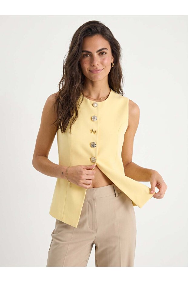 Yellow Woven Fabric Crew Neck Regular Cut Gold Button Detailed Lined Vest
