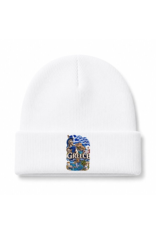 Greece Coastal Scenes & Helmeted Warrior Graphic Beanie