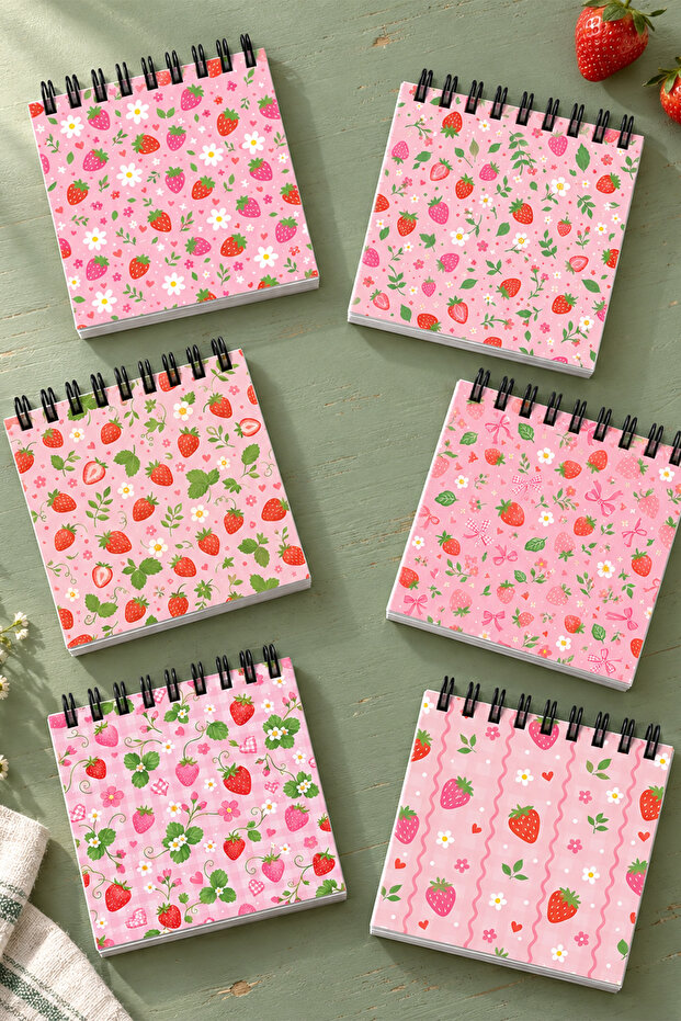 Pink Strawberry and Floral Pattern Mini Notepad Set