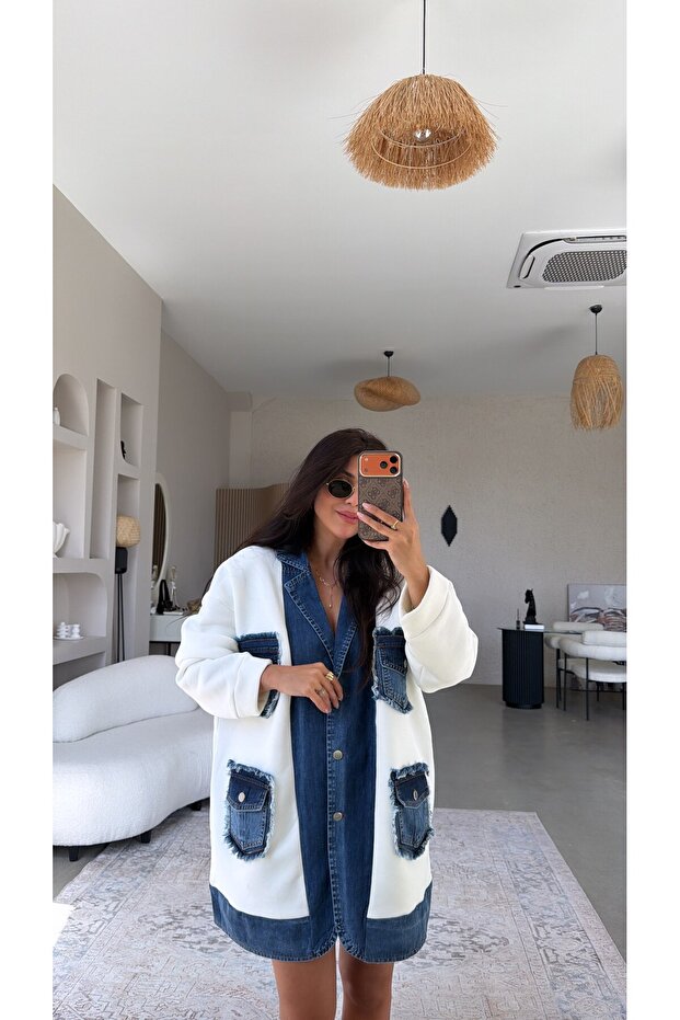 Ecru Shaded Denim Detailed Casual Premium Jacket