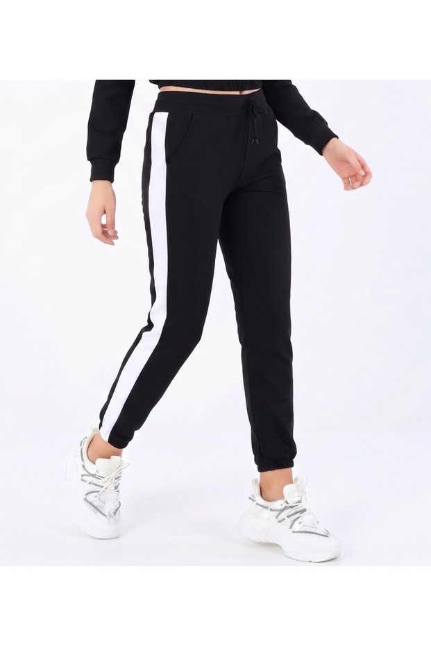 Women's Black Sporty High Waist Jogger Sweatpants with Side Stripes
