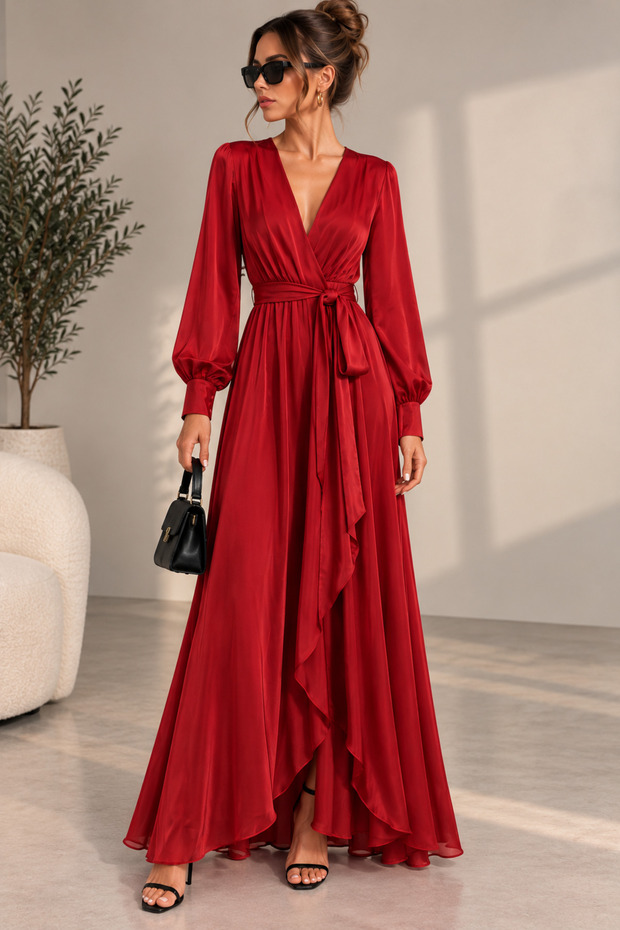 Women's Red Satin Double-Breasted Collar Belted Long Evening Dress