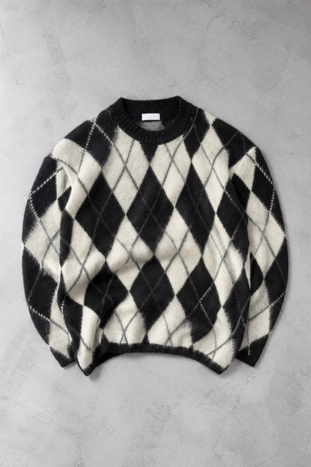 Men's Diamond Patterned Regular Soft Textured Knit Sweater - Black