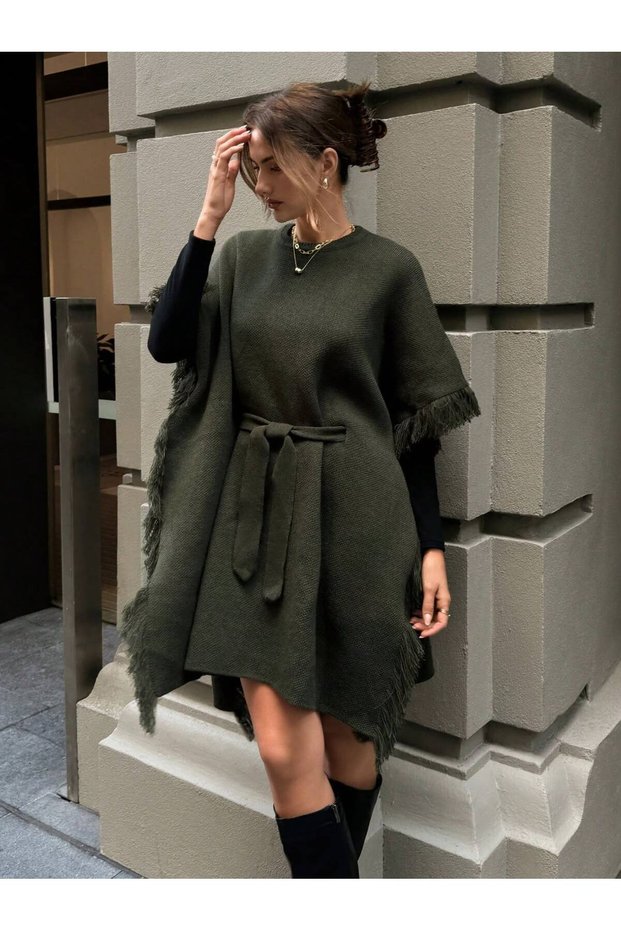 Women's Khaki Belted Tasseled Knitwear Poncho Tunic – Oversized Bat Sleeve Stylish Knitted Poncho
