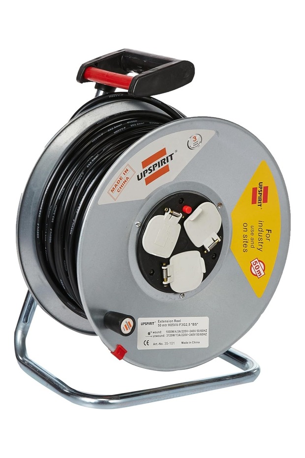 3-Plug Electric Cable Reel Black Silver 50meter