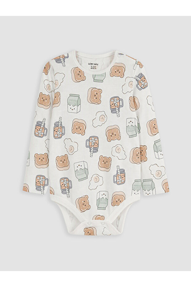 Alita City Ecru Patterned Baby Boy Snap Fastener Bodysuit with Contrast